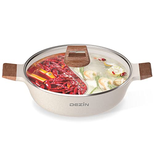 DEZIN 5-QT Dual Sided Nonstick Shabu Pot for Hotpot, 12 Inch Divider, Induction Cooktop, Gas Stove, Soup Ladle