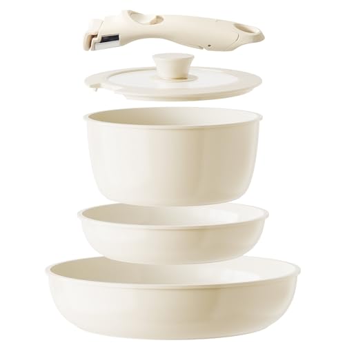 Redchef Ceramic Cookware Set, Non Stick Pots & Pans, Detachable Handle, PFAS PFOA PTFE Free, RV (Beige)