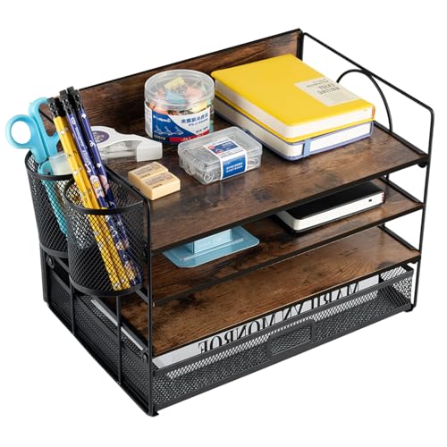 Vintage Wood Desk File Organizer with Drawer, 4-Tier Paper Tray