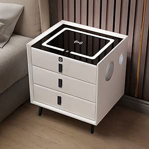 DWLOMHE Smart Bedside Table with 3 Drawers, USB, Wireless Charging, Fingerprint Lock, Bluetooth Speaker - Bedroom & Living Room