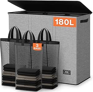 SOLEDI 180L Laundry Basket 3 Section, Extra Large Hamper with Lid & Sturdy Handle - Laundry Room Organizer for Dirty Clothes & Bedroom