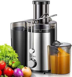 Qcen 800W Centrifugal Juicer Extractor, Wide 3" Feed Chute, Stainless Steel - Easy to Clean, BPA-free - Fruit Vegetable Juicer