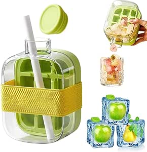 Ice Cube Bottle 2-in-1 Touch-Free Tray Water Bottle with Lid, Push-Type Ice Making, Ice Mold for Coffee Juice (Green 500ML)