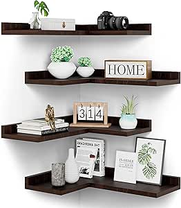 Rustic Pine Wooden 4 Tier Floating Corner Shelves Set - Wall Decor Storage Shelf for Bedroom, Living Room, Bathroom - L Shaped Wall Mount Shelf