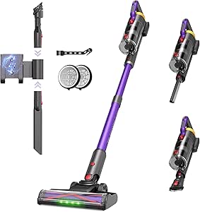 UV2 Cordless Vacuum Cleaner 48KPa Stick with Anti-Tangle Brush, LED Display, Powerful Self-Standing, Ultra Quiet, for Home, Carpets, Pet Hair