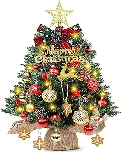 Mini Christmas Tree 24 inch LED Lights Battery Operated Xmas Table Decoration Pine Cones&Bows