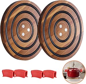 Acacia Wood Magnetic Trivets with Silicone Rings, Pot Holder for Cast Iron Dutch Oven & Skillets, Wood Trivet Stand