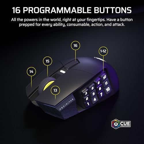 Corsair SCIMITAR ELITE Wireless MMO Gaming Mouse - 33,000 DPI, 16 Buttons, Key Slider - Virtual Stream Deck, Long Battery Life