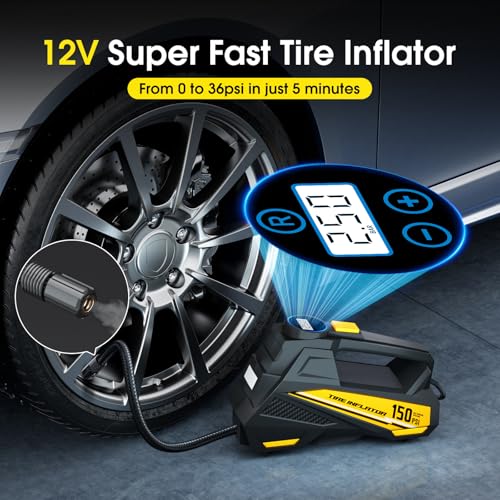 FLYKID 12V DC Air Compressor: Car Tyre Pump 150 PSI with LED Light & 3 Nozzle Adaptors - Preset Pressure, Auto Shutoff
