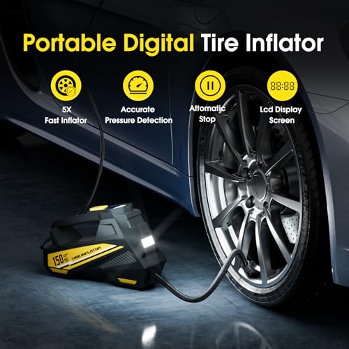 FLYKID 12V DC Air Compressor: Car Tyre Pump 150 PSI with LED Light & 3 Nozzle Adaptors - Preset Pressure, Auto Shutoff
