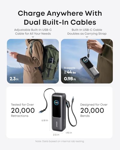 Anker Laptop Power Bank 25,000mAh Portable Charger with Triple USB-C Ports for Multi-Device Charging, Built-In Cables
