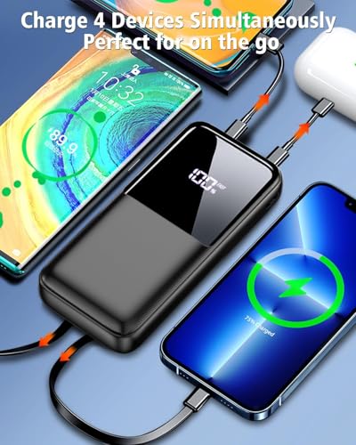 Portable Charger 15000mAh Power Bank with Built-in Cables & LED Display, Fast Charging for iPhone, Android - Black