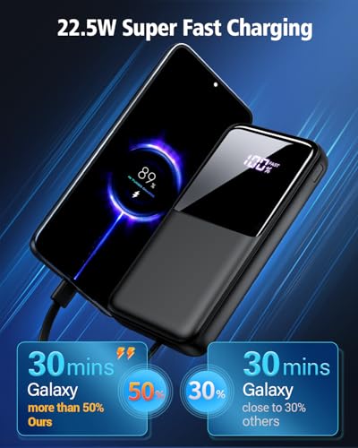Portable Charger 15000mAh Power Bank with Built-in Cables & LED Display, Fast Charging for iPhone, Android - Black