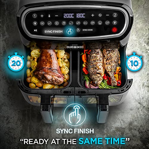 Duronic 10L Digital Air Fryer with Visual Window, Dual Zone, 10-in-1 Large Drawer - No Oil, Air Fry, Roast, Bake - Dishwasher Safe - Black