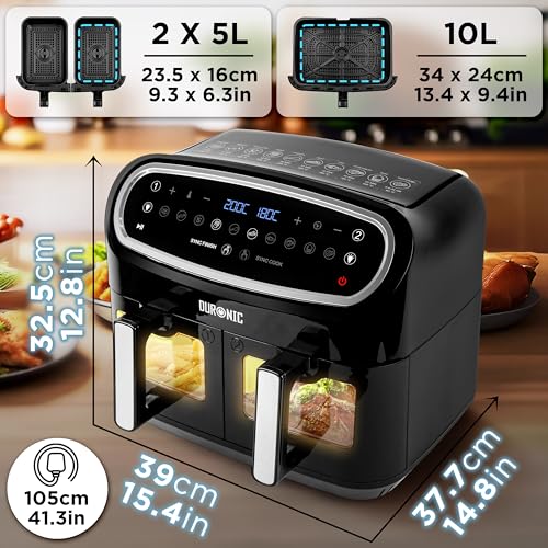 Duronic 10L Digital Air Fryer with Visual Window, Dual Zone, 10-in-1 Large Drawer - No Oil, Air Fry, Roast, Bake - Dishwasher Safe - Black