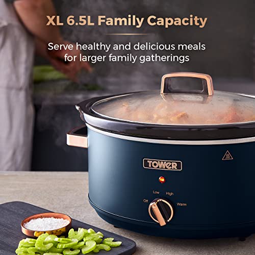 Tower Cavaletto 6.5L Slow Cooker, 3 Heat Settings, Cool Touch Handles, Midnight Blue