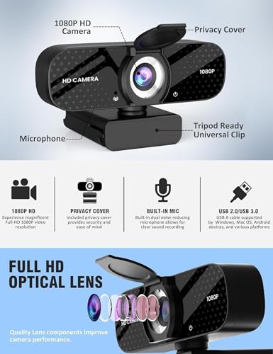 TRAUSI Webcam 1080P HD with Mic, Noise Cancellation, Privacy Cover, Wide-Angle Lens - Plug & Play USB for Laptop, Desktop - Zoom, Skype - Black