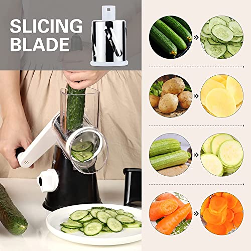 Ourokhome Rotary Cheese Grater - Vegetable Slicer with 3 Stainless Steel Drums, Strong Suction Base