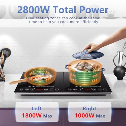 AMZCHEF Double Induction Cooker, Portable Ultra-thin Body, 10 Temp, 2800W, Safety Lock