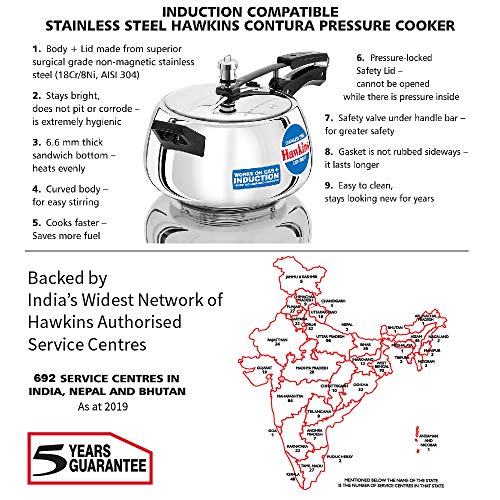 Hawkins Contura 5L Stainless Steel Pressure Cooker for Induction, Handi Cooker