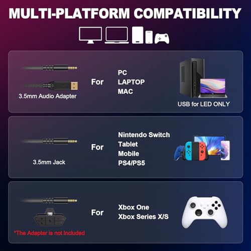 PG4 Gaming Headset: PC PS5 PS4 Switch 3.5mm Headphones with Mic, Surround Sound, LED Lights