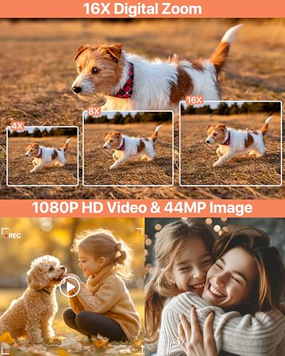 Compact Digital Camera 44MP 1080P, 16X Zoom, 2.4" LCD Screen, Vlogging for Kids, Beginners, Teens - Black