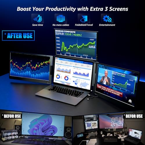 KPKUE 14 inch Triple Screen Extender for Laptop, FHD IPS Monitor, USB-C Connection, Dual Screen Compatible with 11.6"-15.6" Devices
