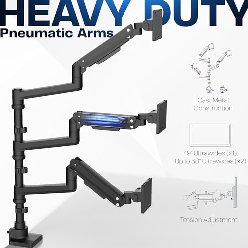 VIVO Triple Monitor Desk Mount for 49 inch Screens, Heavy Duty Clamp, Holds 3 Monitors Up to 20kg, Black Stand