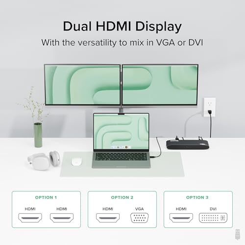 Plugable USB Docking Station for Dual HDMI Monitors, Windows, macOS, ChromeOS - Gigabit Ethernet, Audio, 6 USB Ports