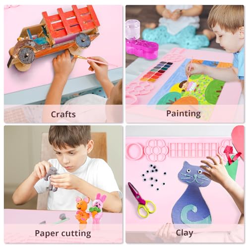 Kids Art Station: Silicone Painting Mat, Brush Cleaner, 10 Brushes - Ideal for Acrylic Painting, DIY Crafts - Pink