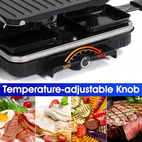 LeuKoles Raclette Grill for 8 People, 1300W Electric with Reversible Non-stick Pan & Mini Cheese Pans - Indoor BBQ & Party