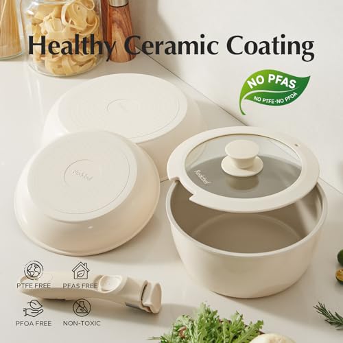 Redchef Ceramic Cookware Set, Non Stick Pots & Pans, Detachable Handle, PFAS PFOA PTFE Free, RV (Beige)