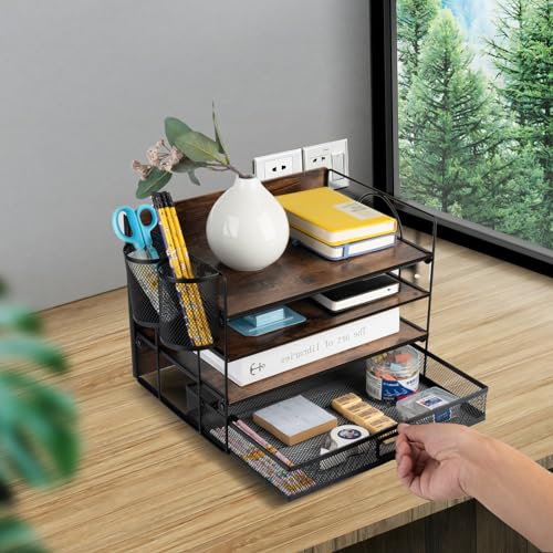 Vintage Wood Desk File Organizer with Drawer, 4-Tier Paper Tray