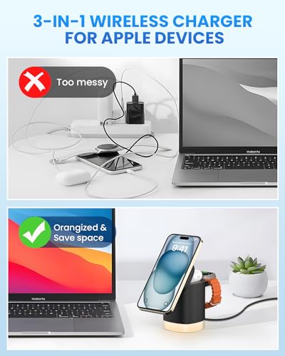 JoyGeek Wireless Charger Stand with Night Lights for iPhone & AirPods, Magnetic Dock for Apple Watch, Foldable Design - Black