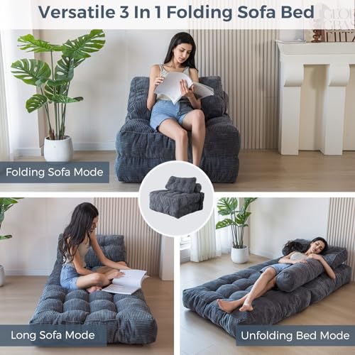 MAXYOYO Convertible Sleeper Chair, Foldable Bed with Back Support - Portable Lounge for Living Room & Bedroom - Navy, Dark Gray