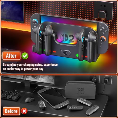 Wenocally Switch 2 Joycon Charger Station with 6 RGB Lights