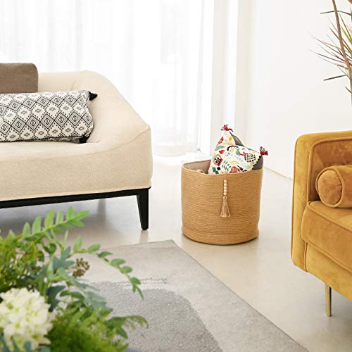 Mkono Rope Basket with Wooden Bead Decoration for Home Storage