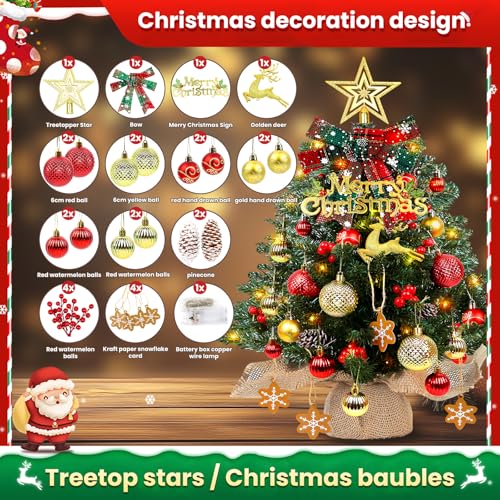 Mini Christmas Tree 24-inch LED Lighting, Battery Operated Xmas Tabletop Decoration with Ornaments - Warm White