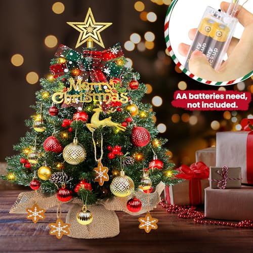 Mini Christmas Tree 24-inch LED Lighting, Battery Operated Xmas Tabletop Decoration with Ornaments - Warm White