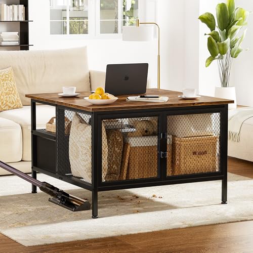 FABATO Square Coffee Table: Farmhouse Style, Lift-Up Top, Wire Mesh Barn Door, Storage, Steel Frame, Small Tea Table, Black