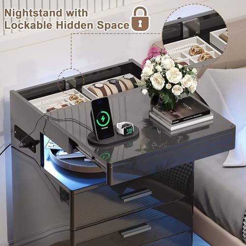 Treocho Modern Nightstand, 3-Drawer with Charging Station, RGB Lights