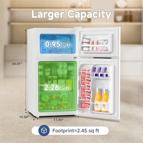 BANGSON Mini Fridge 2 Door with Freezer, Bedroom Refrigerator, 3.2 CU.FT