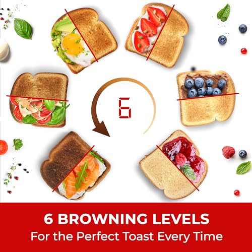 Mueller UltraToast Stainless Steel Toaster 4 Slice, Wide Slots for Bagels, 6 Browning Levels, LED Display, Kitchen Gadget