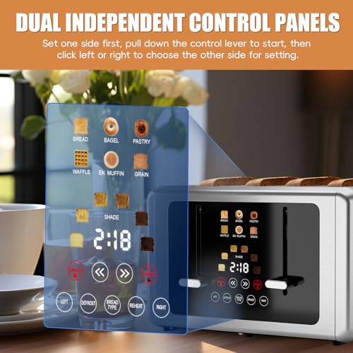 Brand 4-Slice Toaster: Touchscreen, Dual Control Panel, 6 Shade Settings, 6 Bread Types, Smart Features, Silver