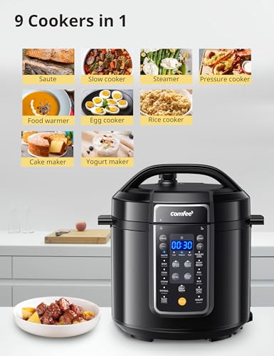 COMFEE 9-inch Electric Pressure Cooker: 14 Presets Multi Cooker, Non-Stick Pot, Yogurt Maker, Steamer - Black, 6 Quarts