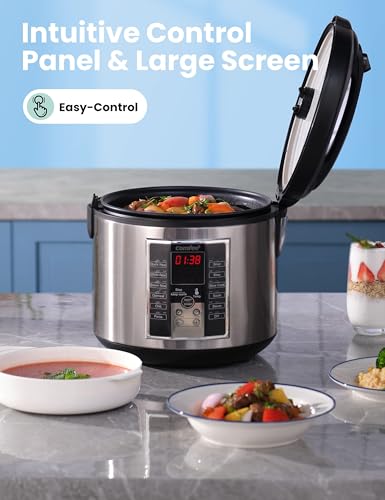 COMFEE 5.2Qt Multi Cooker: Rice Cooker, Slow Cooker, Steamer & More - 12 Cooking Programs, Large Capacity, Keep Warm - Black/Silver