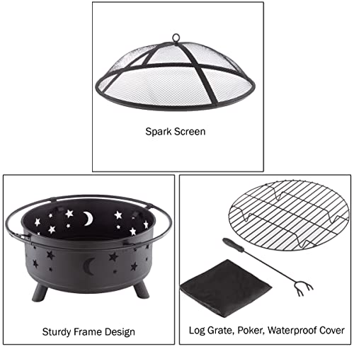 Pure Garden 32-Inch Outdoor Wood Burning Fire Pit with Screen, Poker & Cover - Ideal for Backyard, Deck, or Patio