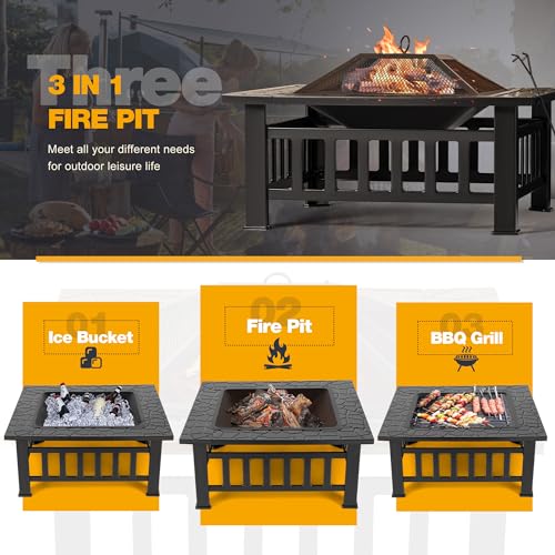 Devoko 32 Inch Firepit Table Metal Outdoor Fire Pit with Waterproof Cover - Patio Camping Fireplaces