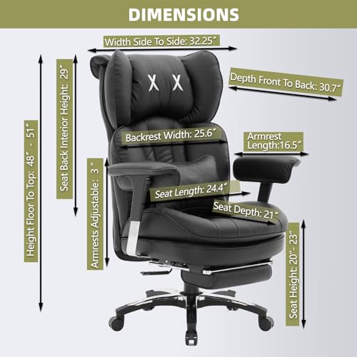 Efomao Big & Tall Office Chair with Footrest - High Back Computer Chair, Adjustable Armrests - Wide Seat, Modern Desk Chair - Ideal for Home Office, Gaming, Study - Black