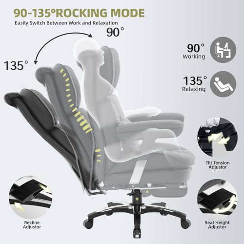 Efomao Big & Tall Office Chair with Footrest - High Back Computer Chair, Adjustable Armrests - Wide Seat, Modern Desk Chair - Ideal for Home Office, Gaming, Study - Black